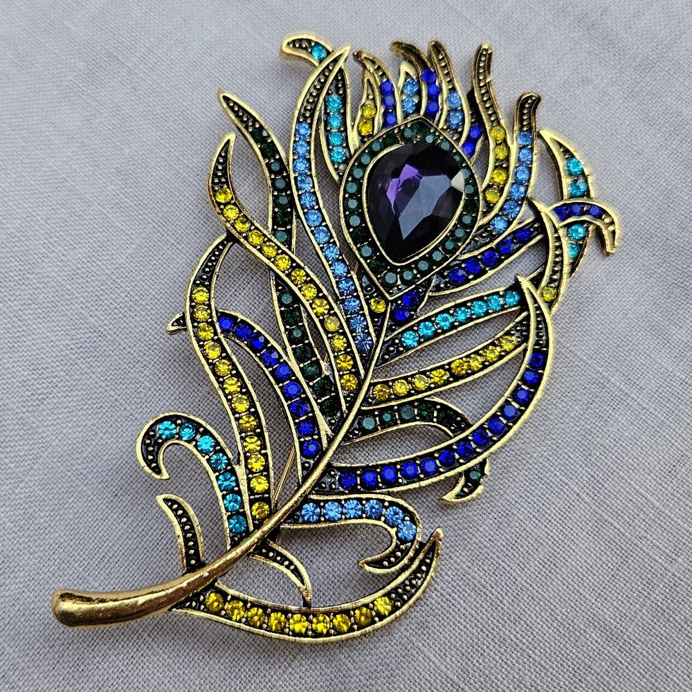 Blue, Yellow & Purple Rhinestone Peacock Feather Brooch/Pin